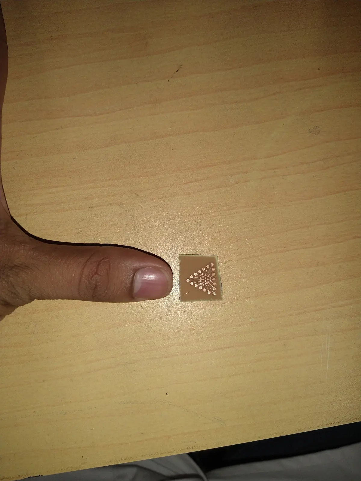 A fingertip-sized chip beside a thumb for scale, carrying eighteen micropatterned electrodes fanned out from a common point in 50µm traces