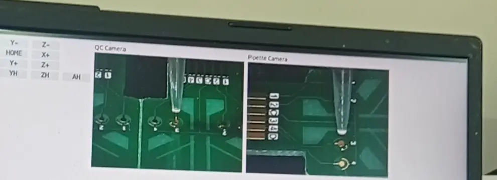 The control software mid-run: jog controls down the left, QC and pipette camera feeds watching the head over a sensor board