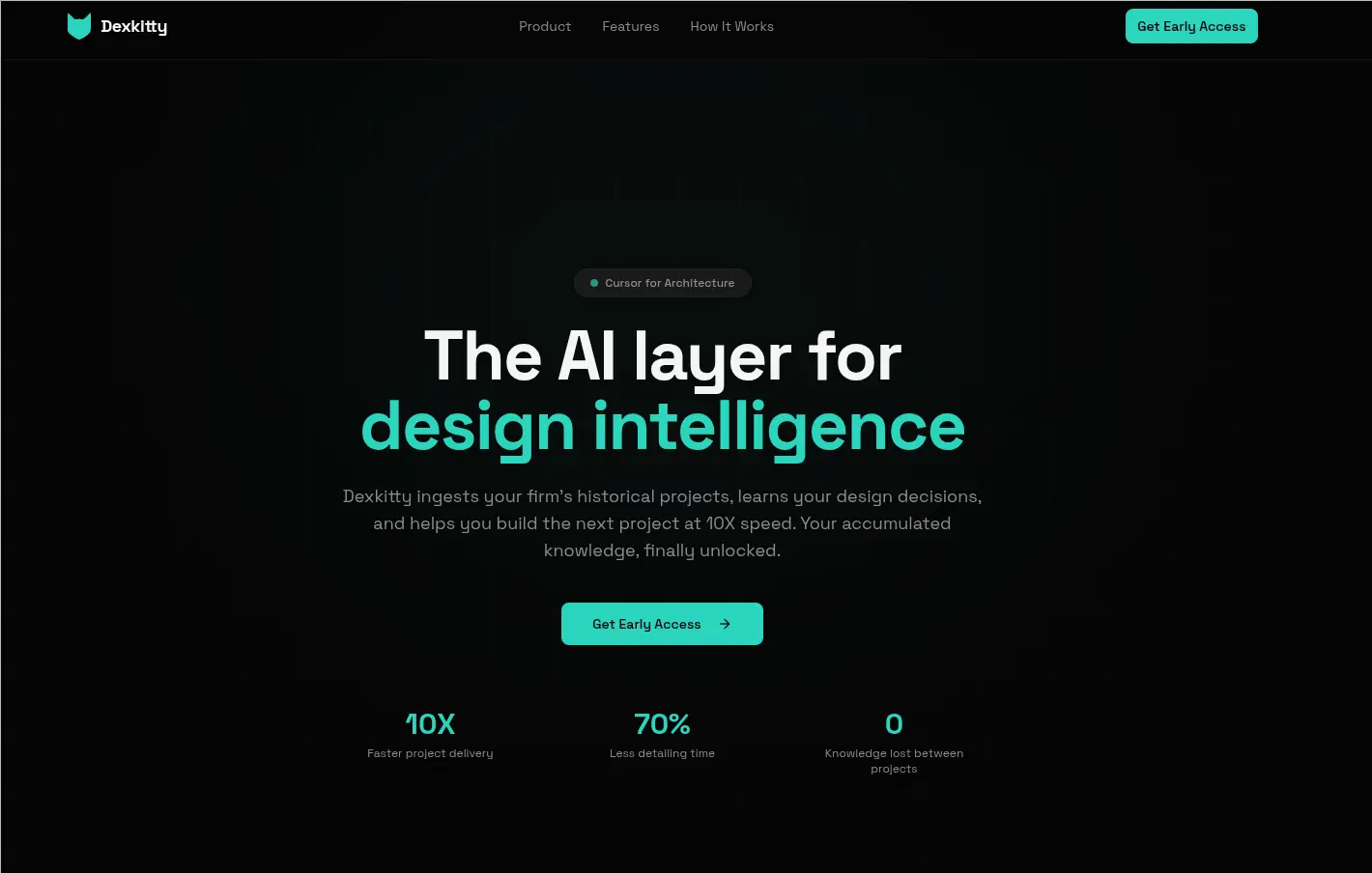 The Dexkitty landing page — “The AI layer for design intelligence”