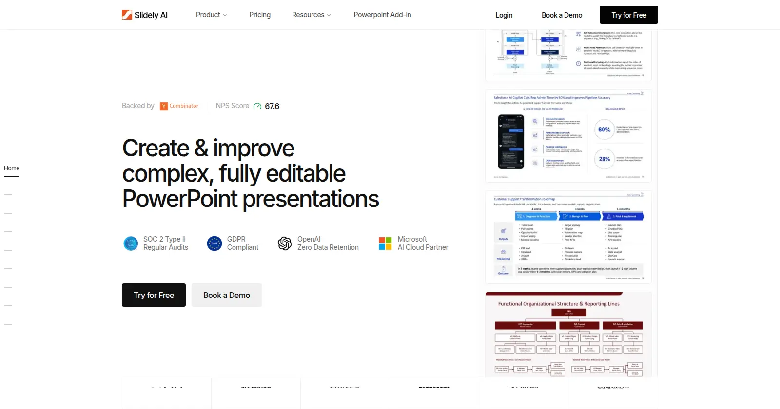 The Slidely AI product page — “Create & improve complex, fully editable PowerPoint presentations”, with generated decks alongside