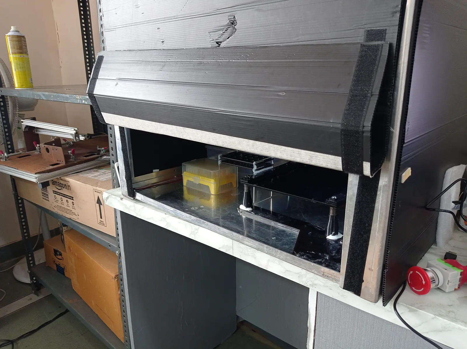 Humidity control added after runs started drifting with the weather. A dehumidifier in the enclosure held it near 40%.