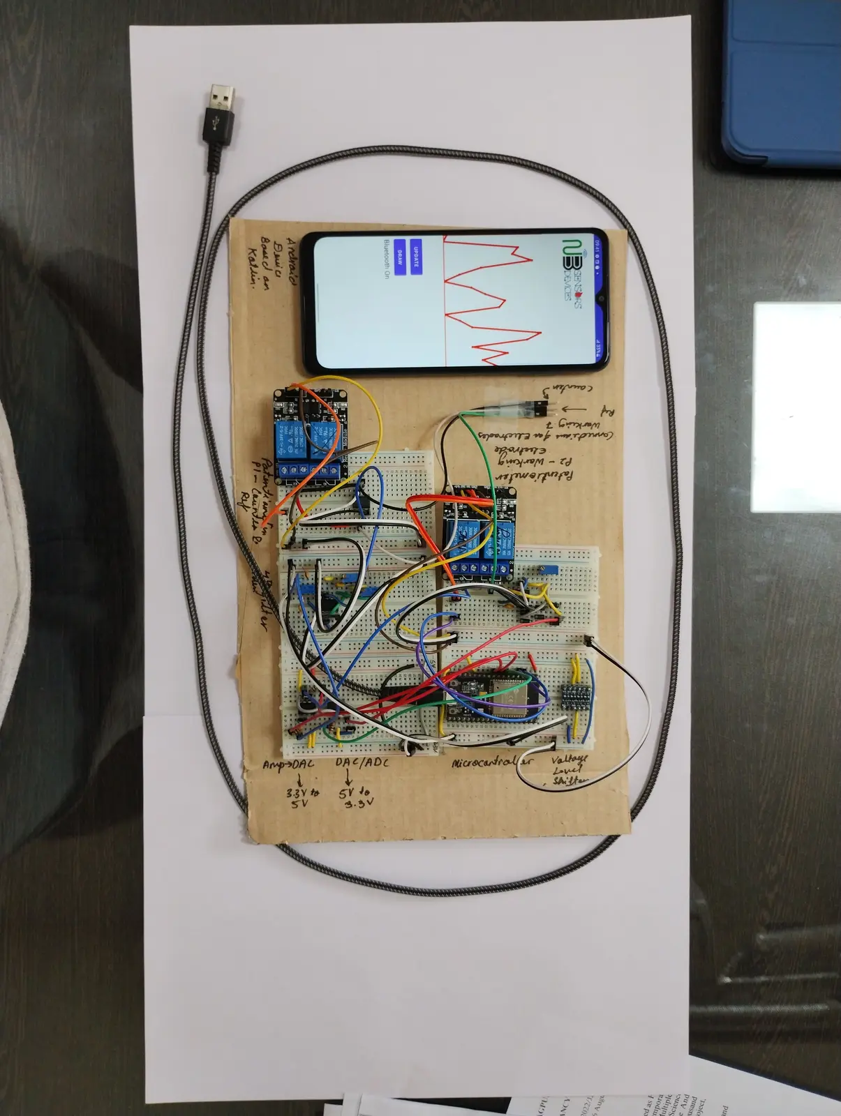 v2, built on hand-annotated cardboard: relay-switched electrodes, a level shifter, and an Android app plotting the sweep over Bluetooth.